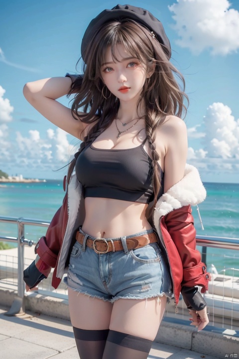 1girl, :d, bangs, bare_shoulders, belt, black_gloves, blue_sky, blush, braid, breasts, brown_eyes, brown_hair, cleavage, cloud, cloudy_sky, day, earrings, gloves, hair_ornament, hat, horizon, jacket, jewelry, large_breasts, leather, looking_at_viewer, navel, necklace, ocean, open_mouth, outdoors, partially_fingerless_gloves, red_shorts, reisalin_stout, ribbon, shirt, short_hair, short_shorts, shorts, skindentation, sky, sleeveless, smile, solo, star_\(symbol\), thighhighs, thighs, watercraft, white_headwear