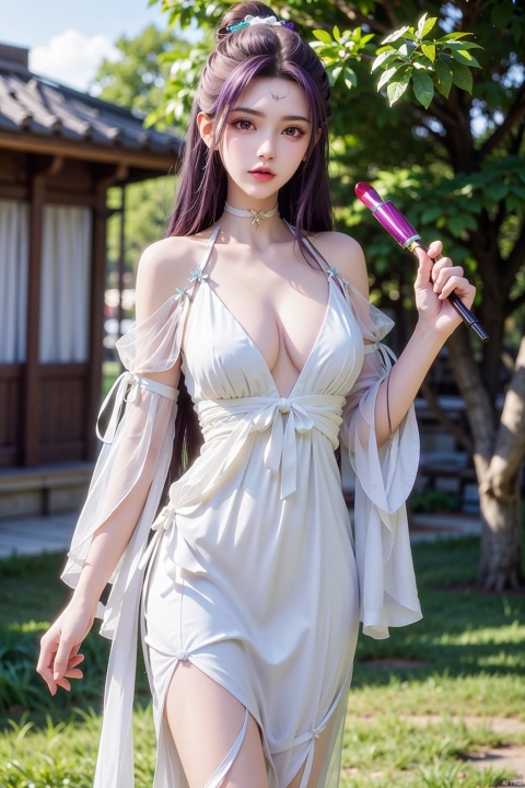 1girl, breasts, collarbone, dress, hair_ornament, holding_clothes, lips, lipstick, long_hair, looking_at_viewer, makeup, medium_breasts, outdoors, purple_eyes, purple_hair, see-through, see-through_silhouette, solo, standing, white_dress, white_ribbon