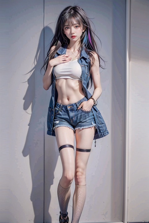 1 girl, (fishnet stockings) , barefoot, rainbow hair, (denim shorts) , breasts, (white vest) , jeans, denim shorts, long legs, body, lips, mid-chest, abdomen, navel, shadow, shorts, single, standing, vest, against the wall, (hands in pockets) ,