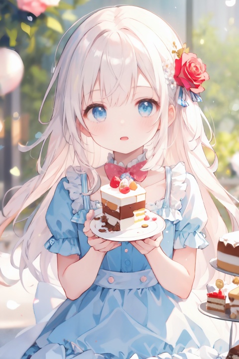  1girl, bloomers, blue_rose, blurry, blurry_background, blurry_foreground, cake, candy, checkerboard_cookie, coin, cookie, cup, depth_of_field, dress, eyebrows_visible_through_hair, flower,
