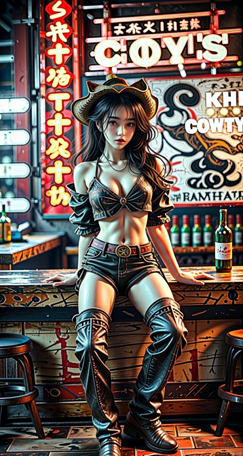  (upper thighs shot:1.3), (cowboy shot:1.3),1girl,solo,long hair,depth of field,blurry background,bar (place),neon lights,fanhuaZ,,(full body:1.1),, (high quality), best quality, (4k), 8k, super detailed, (full detail), (masterpiece), (realistic), super detailed,(Exquisite details) ,intricate,