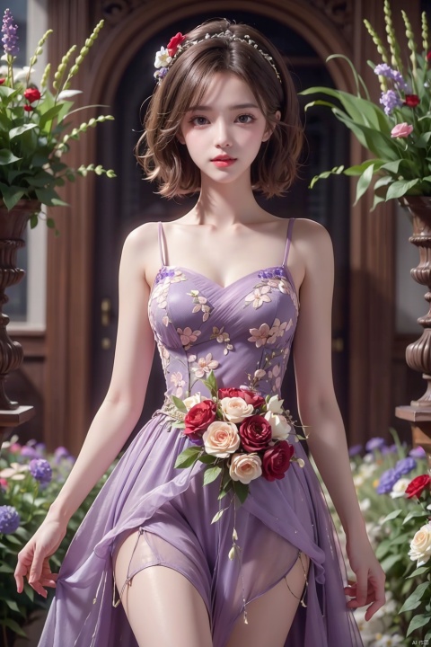  DSLR, (Good structure), HDR, UHD, 8K, A real person, Highly detailed, best quality, masterpiece, 1girl, realistic, Highly detailed, (EOS R8, 50mm, F1.2, 8K, RAW photo:1.2), ultra realistic 8k, 

flower,purple rose,purple flower,hair flower,hair ornament,
, , weddingdress, , whitedress, ,, dress, ,red dress, huolinger