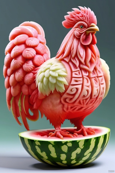  watermeloncarving,super cute fluffy Rooster warrior in armor, photorealistic, 4K, ultra detailed, vray rendering, unreal engine, mysterious, masterpiece, best quality,super realistic,crazy etails