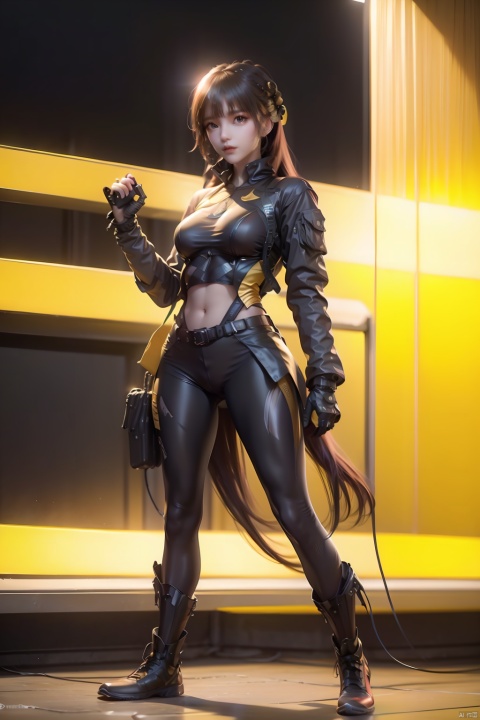  1girl,Future style gel coat,Future Combat Suit,black hair,breasts,cyberpunk,full body,gun,Yellow and black gel coats,Exposing the navel,Weapons on the side of the arm,Character design hologram,jacket,long hair,open clothes,realistic,science fiction,solo,standing,Holographic background