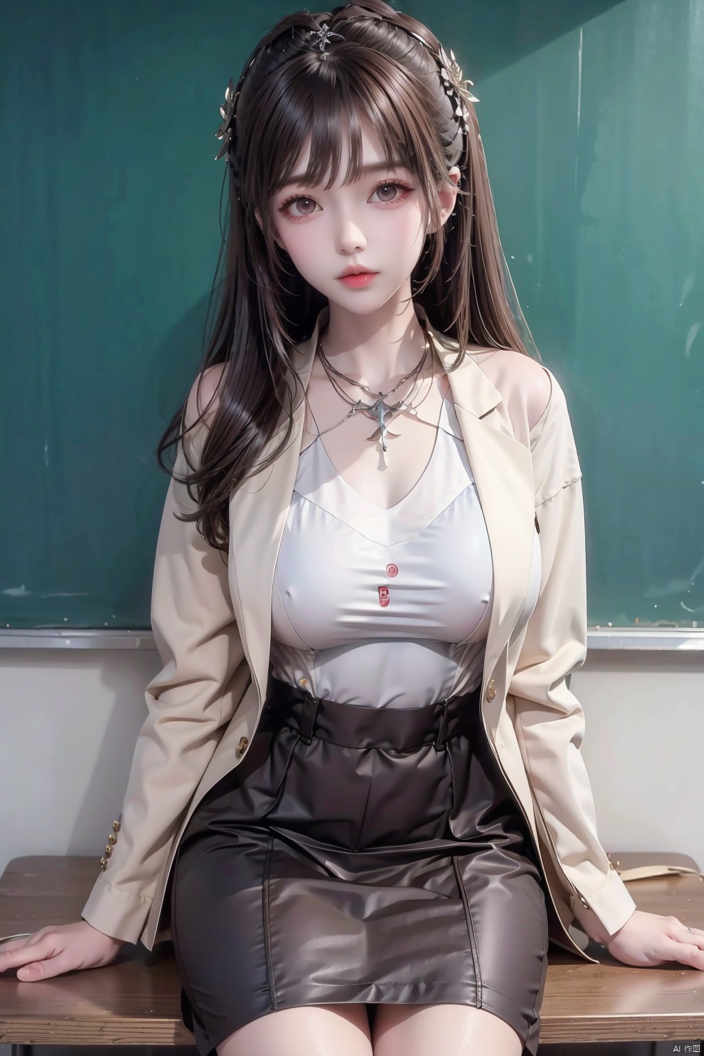  1girl, breasts, brown_eyes, brown_hair, chalkboard, classroom, cowboy_shot, desk, formal, glasses, hair_ornament, indoors, jacket, jewelry, looking_at_viewer, miniskirt, necklace, on_desk, pencil_skirt, school_desk, sitting_on_desk, skirt, solo, standing, suit, yeqinxian, yunxi