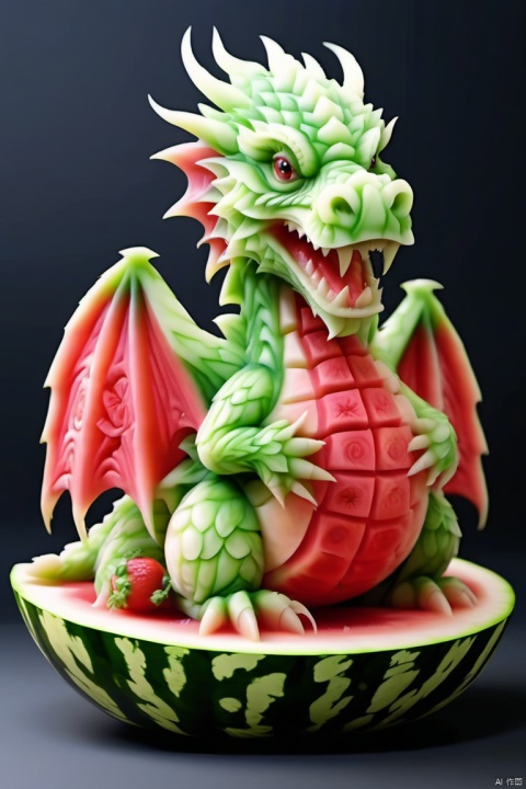  watermeloncarving,super cute fluffy dragon warrior in armor, photorealistic, 4K, ultra detailed, vray rendering, unreal engine, mysterious, masterpiece, best quality,super realistic,crazy etails