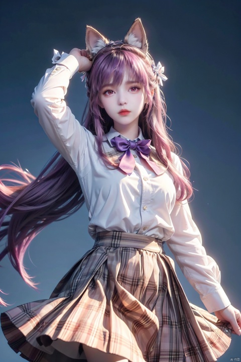 (masterpiece),(best quality),illustration,ultra detailed,hdr,Depth of field,(colorful),[pottsness],[iumu],[Sheya],transparent background, 1girl, hata no kokoro, long hair, solo, shirt, pink hair, skirt, orange skirt, plaid shirt, plaid, long sleeves, bow, bubble skirt, pink eyes, mask, bowtie, triangle, expressionless, blue bow, looking at viewer, circle, blue bowtie, star (symbol), mask on head, blue shirt, arm up, white background, very long hair, fox mask, closed mouth, x, long skirt, simple background, collared shirt, purple bowtie, buttons, purple bow