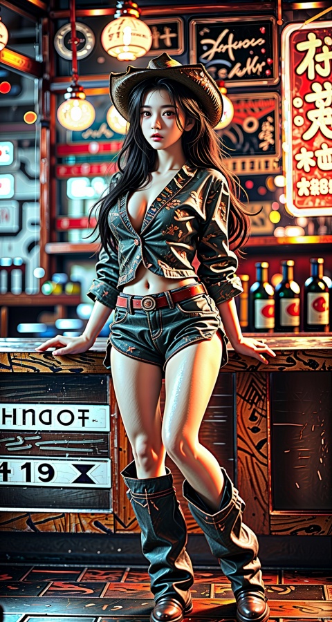  (upper thighs shot:1.3), (cowboy shot:1.3),1girl,solo,long hair,depth of field,blurry background,bar (place),neon lights,fanhuaZ,,(full body:1.1),, (high quality), best quality, (4k), 8k, super detailed, (full detail), (masterpiece), (realistic), super detailed,(Exquisite details) ,intricate,