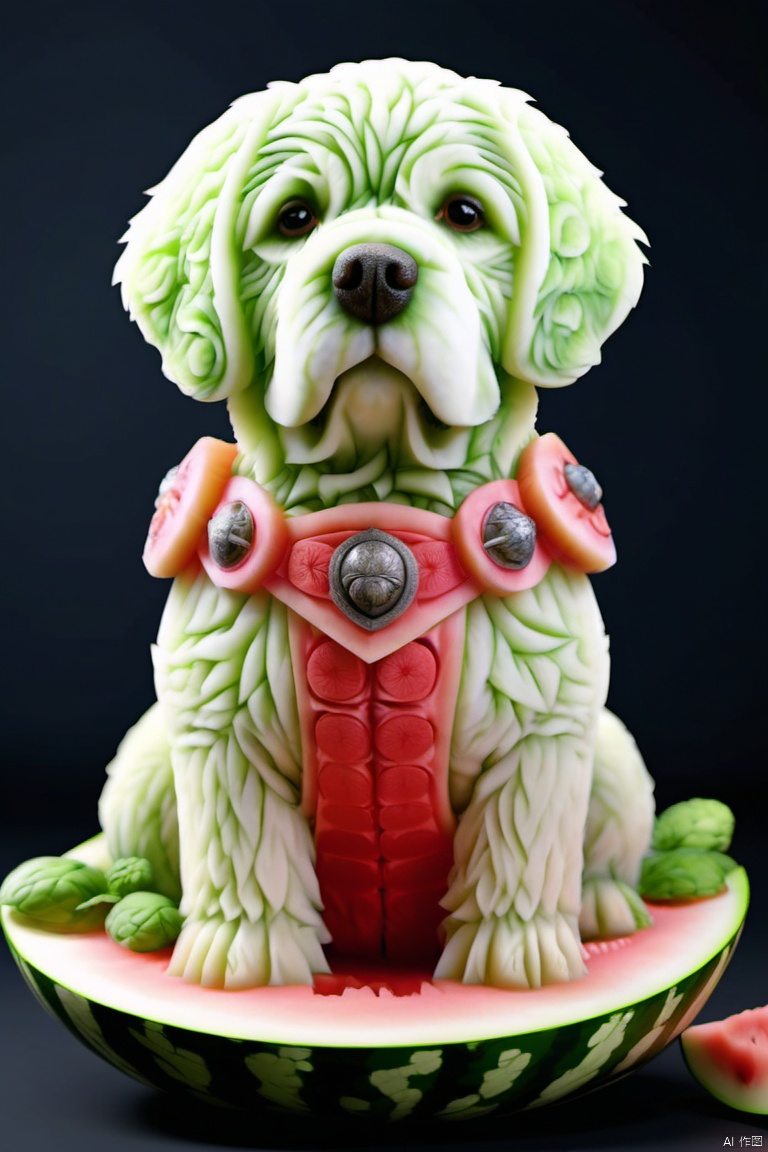  watermeloncarving,super cute fluffy dog warrior in armor, photorealistic, 4K, ultra detailed, vray rendering, unreal engine, mysterious, masterpiece, best quality,super realistic,crazy etails