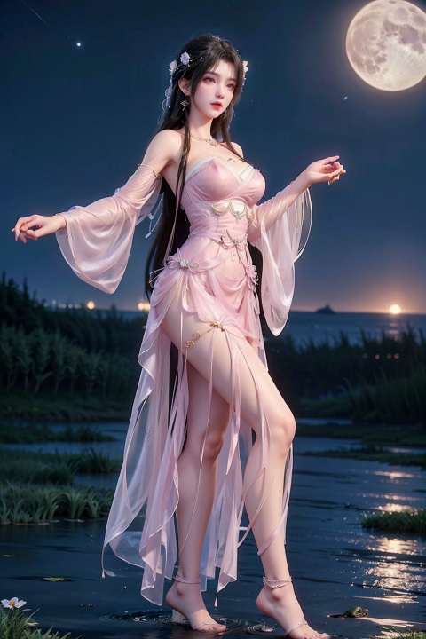 Girl, bare legs, black hair, flying hair, tulle shawls, flying clothes, streamers, breasts, (((light pink strapless tulle dress))) , crossed legs, clothes, earth (planet) , Meteor, (colorful Sky) , (beautiful night sky) , flowers, (full moon) , lake, lips, long hair, (Moon) , night, ocean, petals, planet, coast, standing, soaking feet, solo, very long hair, water, (close shot) 