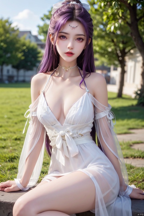  1girl, breasts, collarbone, dress, hair_ornament, holding_clothes, lips, lipstick, long_hair, looking_at_viewer, makeup, medium_breasts, outdoors, purple_eyes, purple_hair, see-through, see-through_silhouette, solo,  white_dress, white_ribbon，sitting