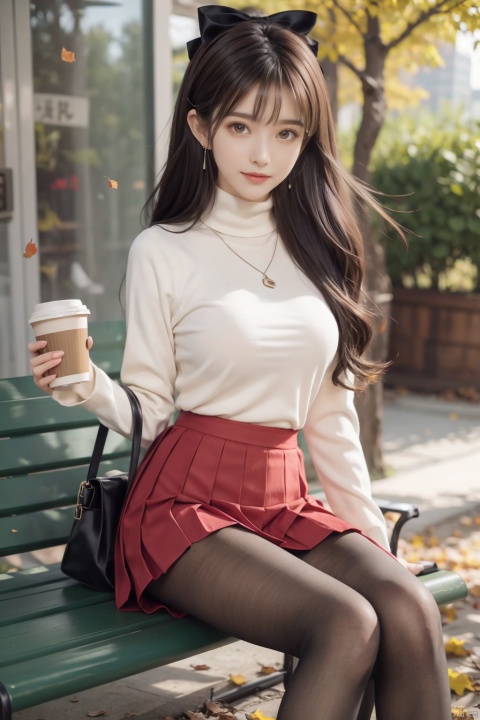  best quality, masterpiece, realistic, ,(Good structure), DSLR Quality,Depth of field,kind smile,looking_at_viewer,Dynamic pose, 
1girl, solo, long hair, looking at viewer, blush,  , bangs, skirt, blonde hair, red eyes, long sleeves, bow, holding, jewelry, sitting, very long hair,  , hair bow, pantyhose, pleated skirt, earrings, outdoors, day, necklace, bag, red bow, sweater, two side up, tree, cup, parted bangs, black pantyhose, feet out of frame, turtleneck, leaf, holding cup, grey skirt, contemporary, turtleneck sweater, bench, autumn leaves, black sweater, disposable cup, autumn, coffee cup, park bench, on bench, ereshkigal \(fate\),wangyushan, blackpantyhose