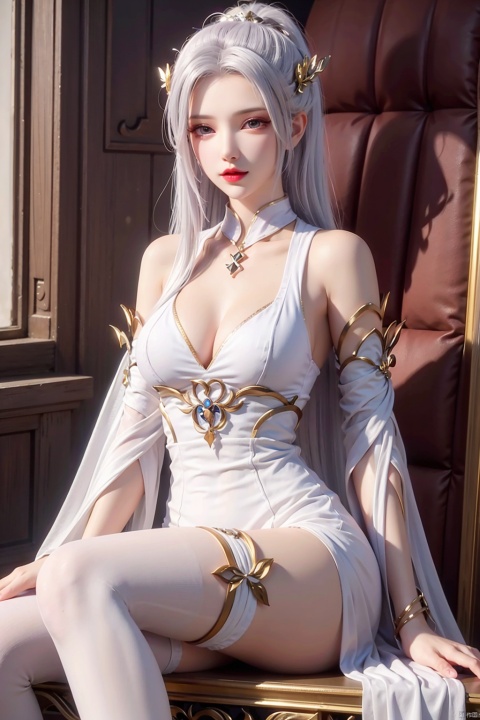 1girl, armlet, artist_name, bangle, bare_shoulders, bracelet, breasts, dress, hair_ornament, jewelry, lips, lipstick, long_hair, looking_at_viewer, medium_breasts, parted_lips, red_lips, sitting, solo, thighhighs, throne, very_long_hair, white_dress, white_hair, white_legwear