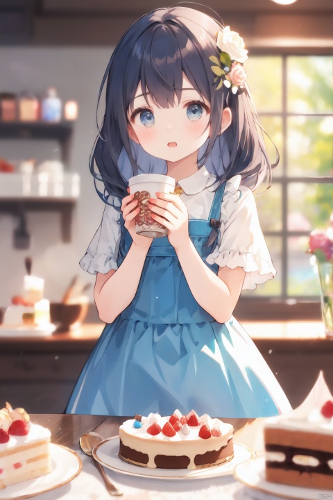  1girl, bloomers, blue_rose, blurry, blurry_background, blurry_foreground, cake, candy, checkerboard_cookie, coin, cookie, cup, depth_of_field, dress, eyebrows_visible_through_hair, flower,