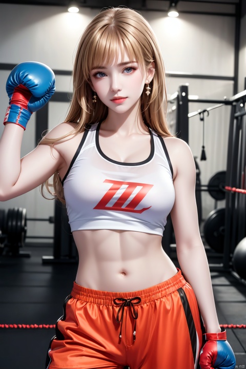  best quality, masterpiece, realistic,,(Good structure), DSLR Quality,Depth of field,kind smile,looking_at_viewer,Dynamic pose, 
, sufei,
1girl, solo, , looking at viewer,  blonde hair, , bare shoulders, brown eyes, jewelry, ,   standing,  , sweat, earrings, shorts, midriff, pants, indoors, stomach, lips, muscular, abs, forehead, red gloves, toned, , sportswear, muscular female, boxing gloves, , gym, dumbbell, , zhennite