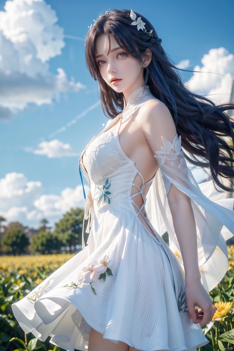 tensei_shitara_slime_datta_ken,1girl, backless_dress, backless_outfit, bird, blue_hair, blue_sky, bridal_gauntlets, cape, closed_mouth, cloud, colored_eyelashes, day, detached_sleeves, dress, floating_hair, flower, friedric88, from_side, genderswap, genderswap_\(otf\), hair_flower, hair_ornament, long_hair, long_sleeves, looking_at_viewer, outdoors, rimuru_tempest, sky, sleeveless, sleeveless_dress, solo, tensei_shitara_slime_datta_ken, very_long_hair, wheat_field, white_cape, white_dress, white_flower, white_sleeves, yellow_eyes