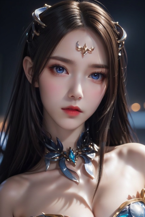  masterpiece, best quality, 1girl, colorful, colorful_hair, highest detailed, detailed gorgeous face, detailed_eyes, (light in eyes), ray_tracing, night_sky, Dreamy Atmosphere, cosplay, detailed_background, middle_breasts,