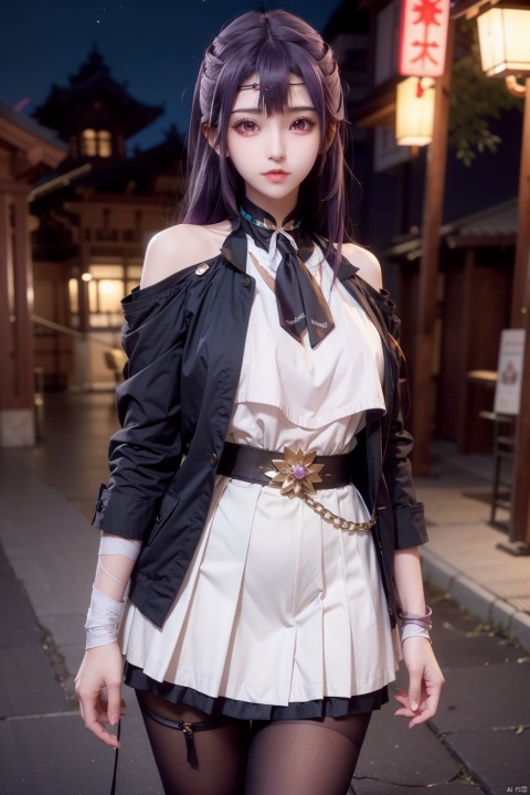  HOURAIJl KYUUSYOU, bandages, skirt, bandaged arm, long hair, looking at viewer, purple hair, multicolored hair, shirt, white shirt, pleated skirt, pantyhose, chain, purple skirt, belt,long and deep purple hair between eyes, 1girl, jacket on shoulders, parted lips, purple eyes, sailor collar, necktie, jacket, neckerchief, HOURAIJl KYUUSYOU, masterpiece, best quality, extremely detailed CG unity 8k wallpaper,