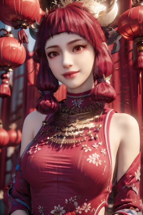  1girl,(solo:1.2),red sweater,sweater,sitting,grin,smile,chinese new year,jewelry,tassel,lantern,make up,hair ornament,(realistic,4K resolution,masterpiece,top quality,best quality,official art,beautiful and aesthetic),photorealistic,red background,paper lantern,eastern dragon