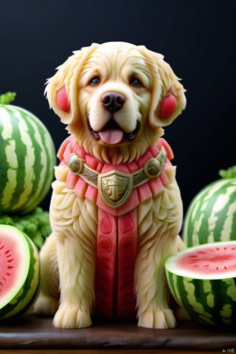  watermeloncarving,super cute fluffy Golden Retriever warrior in armor, photorealistic, 4K, ultra detailed, vray rendering, unreal engine, mysterious, masterpiece, best quality,super realistic,crazy etails