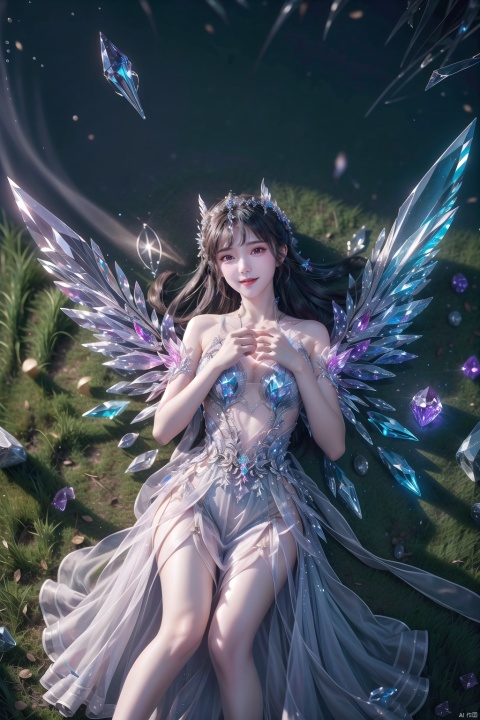  1girl, solo,((from above)), lying,happy smile,, ,outdoors,grassland ,heigirl,crystal_dress , crystal , wings , ll-hd, crystal_dress , crystal , wings ,, xiaowu, tiandunv