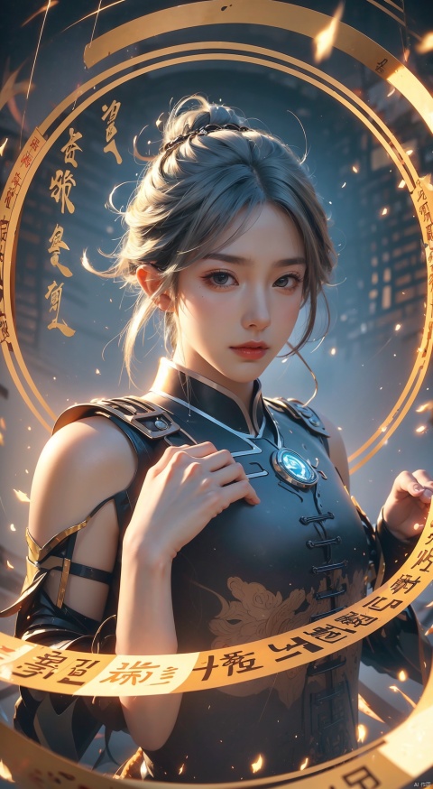  (low-angle, ultra-wide) , a woman in Mech, armor, action figure, delicate eyebrows, beautiful features, (upper body close-up: 1.2) , (pubic hair: 1.3) , sparkling runes, (rotating long volume: 1.2) , (floating transparent Chinese characters) , motion, Best Picture Quality, 3D rendering, looking up, wide angle, Fisheye, lens focus, super realistic and detail, high detail texture, super high quality, 16K, Dauphin, flow scrolls,