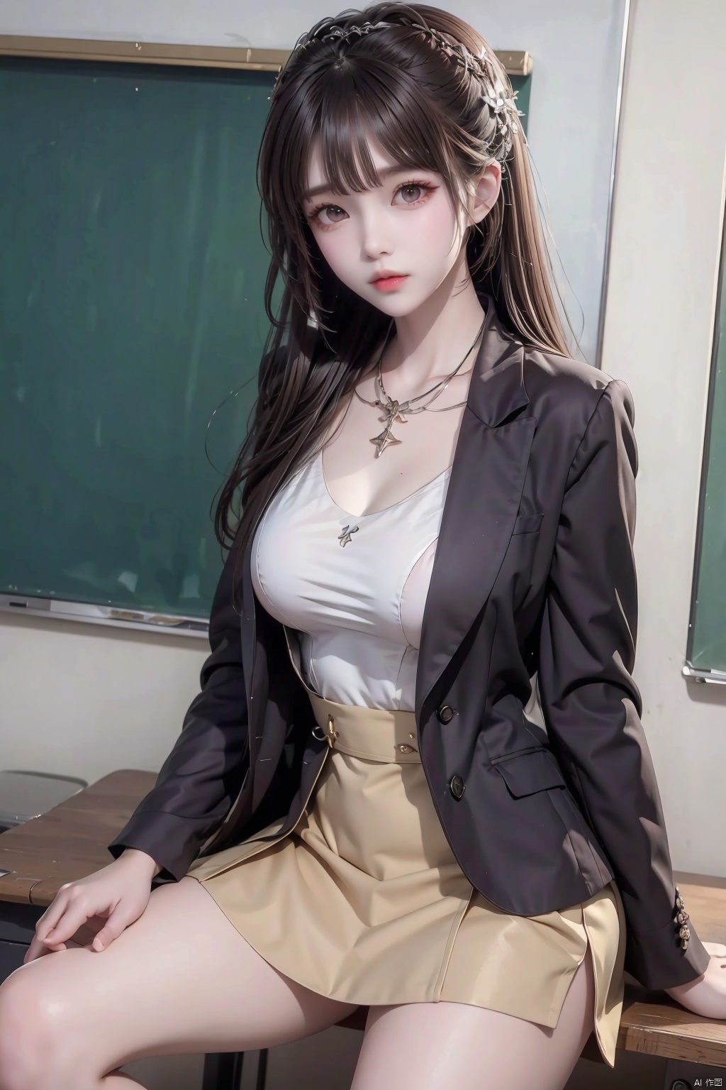  1girl, breasts, brown_eyes, brown_hair, chalkboard, classroom, cowboy_shot, desk, formal, glasses, hair_ornament, indoors, jacket, jewelry, looking_at_viewer, miniskirt, necklace, on_desk, pencil_skirt, school_desk, sitting_on_desk, skirt, solo, standing, suit, yeqinxian, yunxi