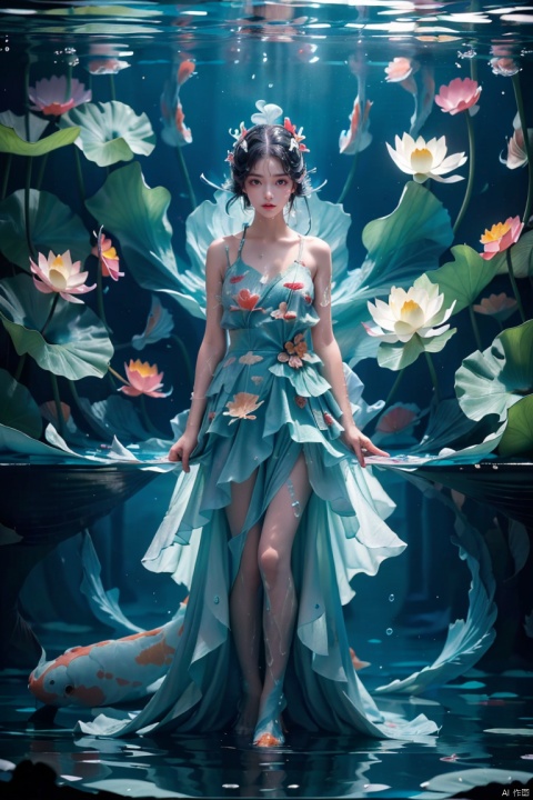  (masterpiece, best quality, highres:1.2),minimalism,realistic,(unified picture:1.1),,(A girl standing in water, upper body above, lower body submerged:1.8),upper body on the water,lower body below the surface,(1girl:1.1),(solo:1.1),,(on the water were giant lotus flowers and leaves:1.4),(giant lotus leaves grow out of the water:1.2),(Cirrocumulus:1.1),,(below the surface are schools of giant koi:1.3),(giant koi:1.1),,black hair,long hair,white dress,wet clothes,wet body,wet hair,,clear and clean water,[ripples],(from_below:1.4),look at viewer,depth of field,(simple_background:1.2),
, shuixia, 1girl, duoliya