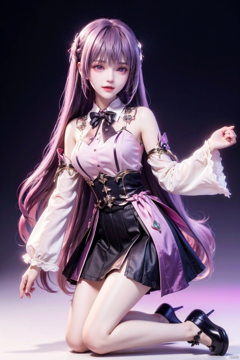  1 girl, Bangs, blush, bow tie, braids, breasts, skirt, earrings, eyebrows visible through hair, body, gradient, gradient background, jewelry, long hair, long sleeves, looking at audience, medium chest, open mouth, pink Bow, pink hair, fluffy long sleeves, fluffy sleeves, shirt, shoes, skirt, smile, stand up, thighs, very long hair, white shoes, white long legs, Zettai Ryouiki，kneel