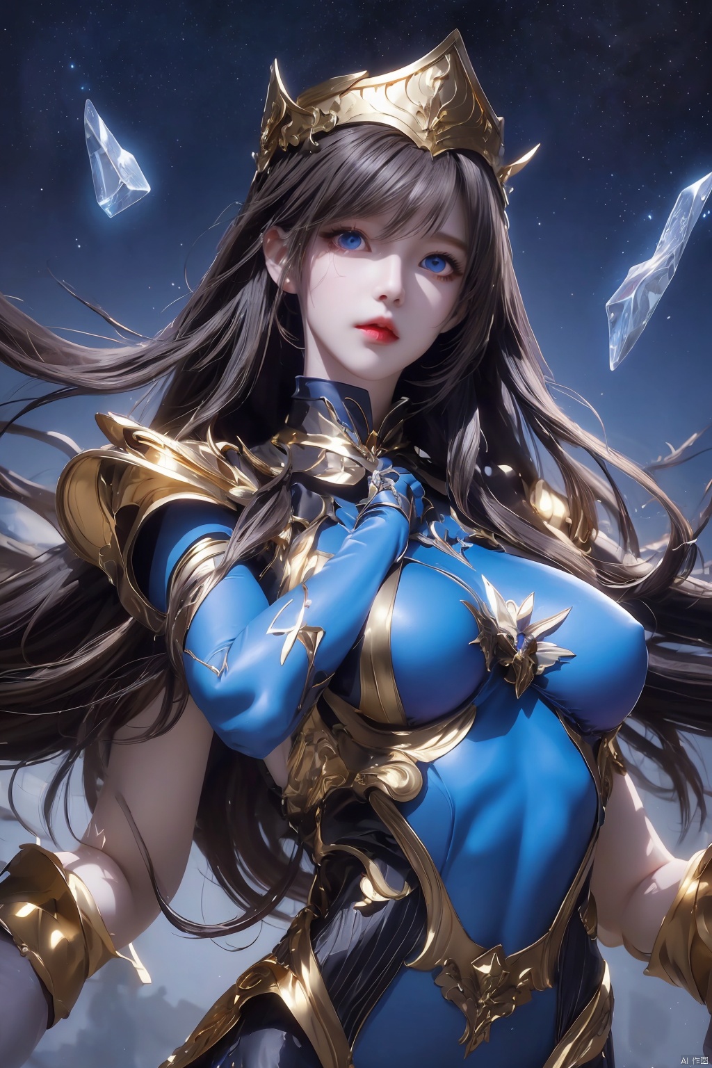  The image showcases female,blue eyes,fantasy outfit,magician,long dark hair,action pose,gold trim,oversized hat,dynamic composition,gemstones,bodysuit,epaulets,high-quality illustration,portrait orientation,mysterious,youthful appearance,star patterns,rich colors,detailed costume design,magic-themed accessories,celestial motifs.,