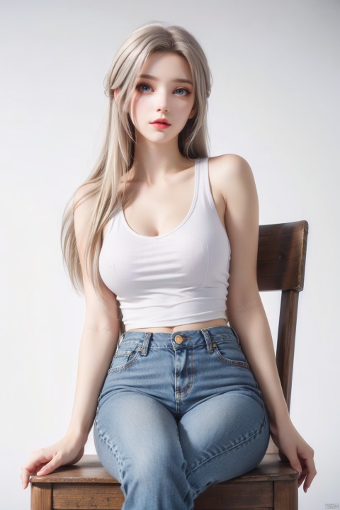  Masterpiece,Ultimate,A girl,silk,cocoon,spider web,Solo,Complex Detail，1girl, bare_shoulders, barefoot, blonde_hair, blue_eyes, breasts, chair, denim, feet, grey_background, jeans, lips, long_hair, nose, pants, realistic, sitting, solo, tank_top, toes