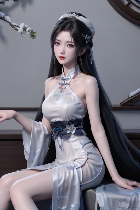 Girl, bare shoulders, blue eyes, blue hair, breasts, white floral cheongsam, China dress, Chinese dress, skirt, white fur hat, long hair, looking at audience, medium chest, parted lips, rifle, sitting, snow, solo, white dress