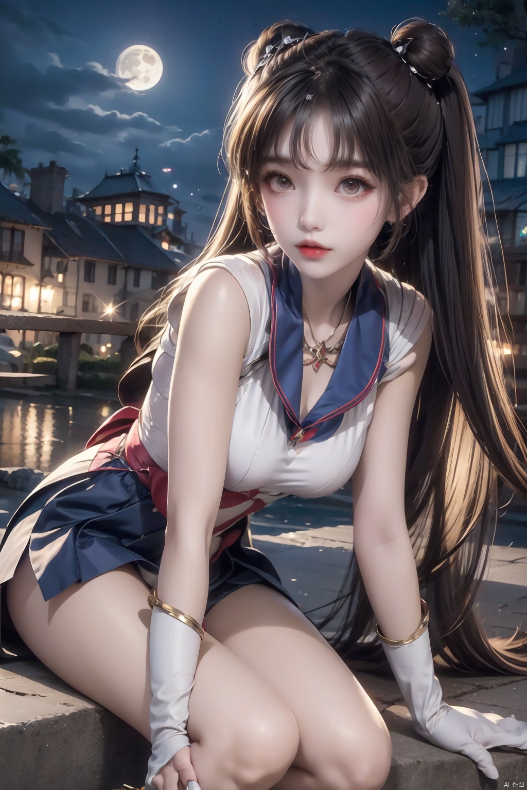  Top Quality, 1 girl, Sailor Moon, blonde hair, blue collar, boots, bow, castle, collar, city, crescent, Crescent, bun, earring, gloves, facial markings, flowers, full moon, gloves, jewelry, boots, layered skirt, lilies, lipstick, long hair, magic girl, cosmetics, Moon, night, Sailor Collar, Sailor Moon, sailor uniform, skirt, sky, solo, Star, Sky, Moon, pigtail, white shoes, white gloves, close up