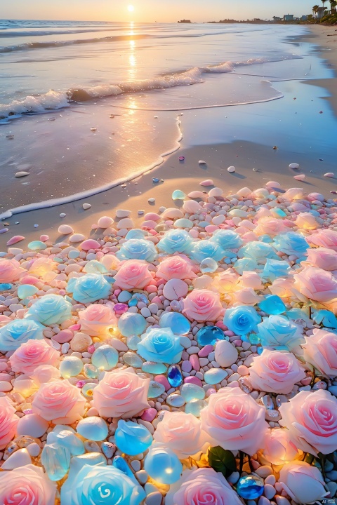  The edge of the white beach is covered with colorful glowing creatures and pebbles, and the picture is a light blue transparent one. The heart sprinkled on the sand is a light blue rose, with various colors, artistic optics, smooth and transparent glowing creatures and pebbles, heart-shaped, pink stones laid out in a heart-shaped shape, marble, sunlight, ultra wide perspective, sunlight ocean volume light, surrealism, ultra wide field of view, aerial photography, ultra wide field of view, ultra high definition image quality, 8K, high detail, rendered to octane value, ultra long lens, beautiful sunshine