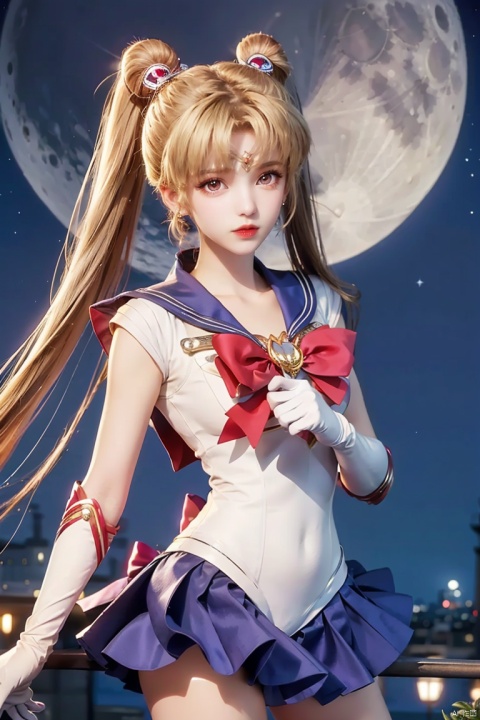 Top Quality, 1 girl, Sailor Moon, blonde hair, blue collar, boots, bow, castle, collar, city, crescent, Crescent, bun, earring, gloves, facial markings, flowers, full moon, gloves, jewelry, boots, layered skirt, lilies, lipstick, long hair, magic girl, cosmetics, Moon, night, Sailor Collar, Sailor Moon, sailor uniform, skirt, sky, solo, Star, Sky, Moon, pigtail, white shoes, white gloves, close up