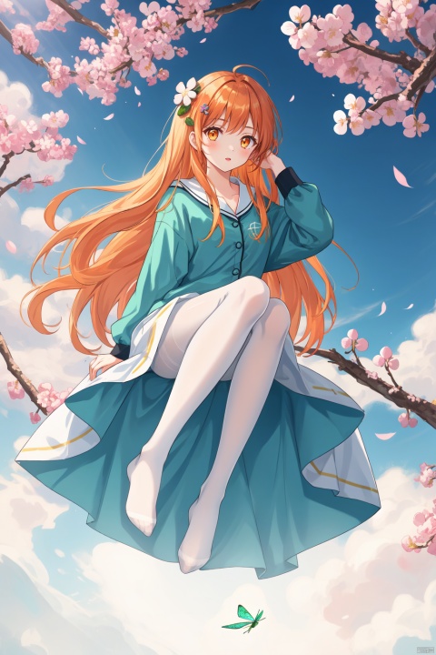  1girl,mint hair,orange eyes,clover hair ornament,long hair,disheveled hair,messy hair,plum blossoms,blue pajamas,branch,dragonfly,full body,mismatched legwear, white legwear, black legwear,pantyhose, xinniang, backlight, black pantyhose, white pantyhose, vibrantProj