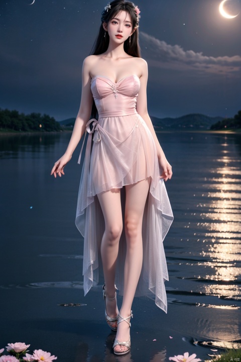 Girl, bare legs, black hair, flying hair, tulle shawls, flying clothes, streamers, breasts, (((light pink strapless tulle dress))) , crossed legs, clothes, earth (planet) , Meteor, (colorful Sky) , (beautiful night sky) , flowers, (full moon) , lake, lips, long hair, (Moon) , night, ocean, petals, planet, coast, standing, soaking feet, solo, very long hair, water, (close shot) 