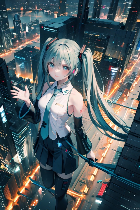  1girl,solo,25_ji miku,silver hair,uneven twintails,heterochromatic pupils,looking at viewer,light smile,{{artist:wlop}}, [artist:as109],[[artist:ningen_mame]],artist:miyase_mahiro,[[[artist:sho_(sho_lwlw)]]],[[[artist:ciloranko]]],[[[artist:Cogecha]]], {{artist:chichi}}, 
best quality, amazing quality, very aesthetic, absurdres, masterpiece,highres,handsome style, Keywords night, overlooking the city, sense of science and technology, sense of the future,starry sky，moonlight and starlight,at the top of the city,whole body(Expose the lower body),back to back,mikudef,Back Shadow,smile,horizon,cyberpunk,earphone,standing on the roof,from above,wide angle