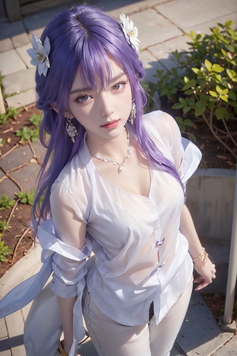  (White shirt:1.7),

1girl, solo, long hair, breasts, looking at viewer, bangs, (Flat breasts1.7), hair ornament, dress, cleavage, bare shoulders, jewelry, standing, 

purple hair

flower, earrings, water, necklace, bracelet, lips, see-through, from above, bug, butterfly, (White shirt:1.7)