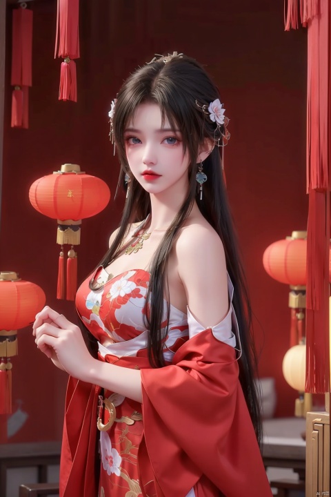  1girl, bare_shoulders, black_hair, blue_eyes, chinese_clothes, chinese_new_year, curtains, dress, earrings, jewelry, lantern, lips, long_hair, looking_at_viewer, oil-paper_umbrella, paper_lantern, red_background, red_dress, red_theme, solo