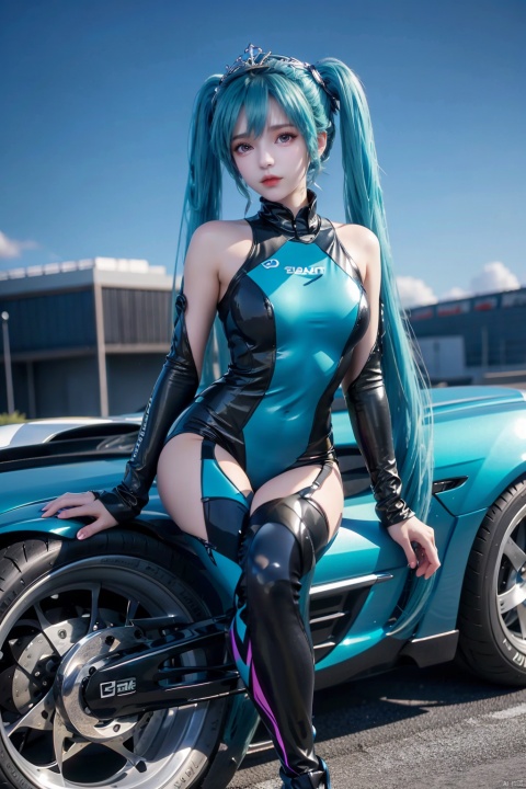  1girl, hatsune miku, solo, best quality, gradient background, vehicle focus, sitting, aqua eyes, very long hair, aqua hair, twintails, breasts, bodysuit, ground vehicle, car, crown, motorcycle, race queen