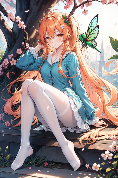  1girl,mint hair,orange eyes,clover hair ornament,long hair,disheveled hair,messy hair,plum blossoms,blue pajamas,branch,dragonfly,full body,mismatched legwear, white legwear, black legwear,pantyhose, xinniang, backlight, black pantyhose, white pantyhose, vibrantProj