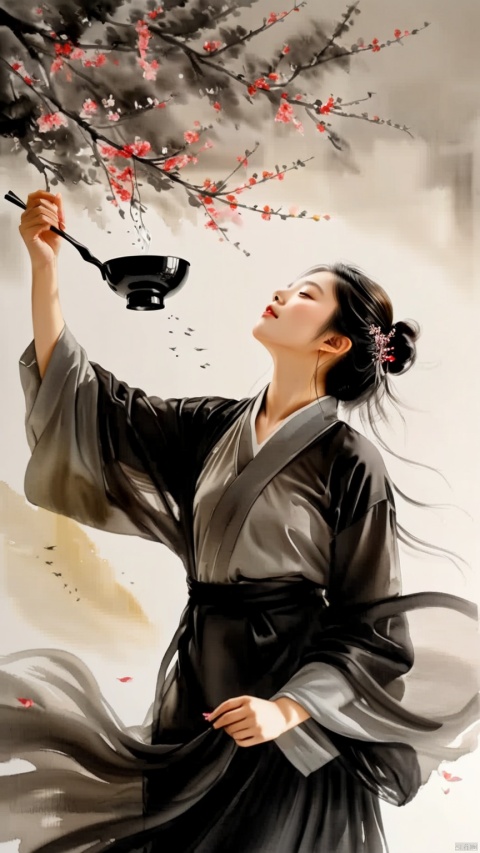  a chinese girl among flowers, beard,((open arms)),hold up his head,drinking from a small black porcelain cup,bold crazy excited passionate expression,laughing ,((opened black cloth)),from below,detailed face,c,warm tone,afternoon, ethereal atmosphere, evocative hues, captivating coloration, dramatic lighting, enchanting aura, masterpiece, best quality, epic cinematic, soft nature lights, rim light, amazing, hyper detailed, ultra realistic, soft colors, photorealistic, Ray tracing, Cinematic Light, light source contrast, ananmo, ink paniting,traditional chinese ink painting,