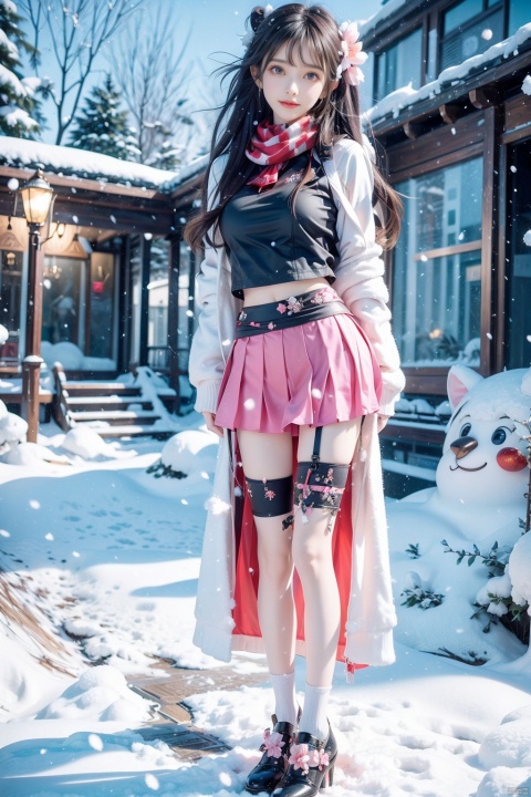  1 girl,Transparent skirt,pink face,stockings,(snow:1.2),(snowing:1.2),peach blossom,snow,solo,scarf,black hair,smile,long hair,bokeh,realistic,long coat,blurry, captivating gaze, embellished clothing, natural light, shallow depth of field, romantic setting, dreamy pastel color palette, whimsical details, captured on film,. (Original Photo, Best Quality), (Realistic, Photorealistic: 1.3), Clean, Masterpiece, Fine Detail, Masterpiece, Ultra Detailed, High Resolution, (Best Illustration), (Best Shadows), Complex, Bright light, modern clothing, (pastoral: 1.3), smiling,standing,(very very short skirt:1.5),knee socks,(white shoes: 1.4),long legs, forest, grassland,(view: 1.3), 21yo girl, striped, wangyushan, capricornus, 1girl, light master,police,pencil_skirt,yellow_dress