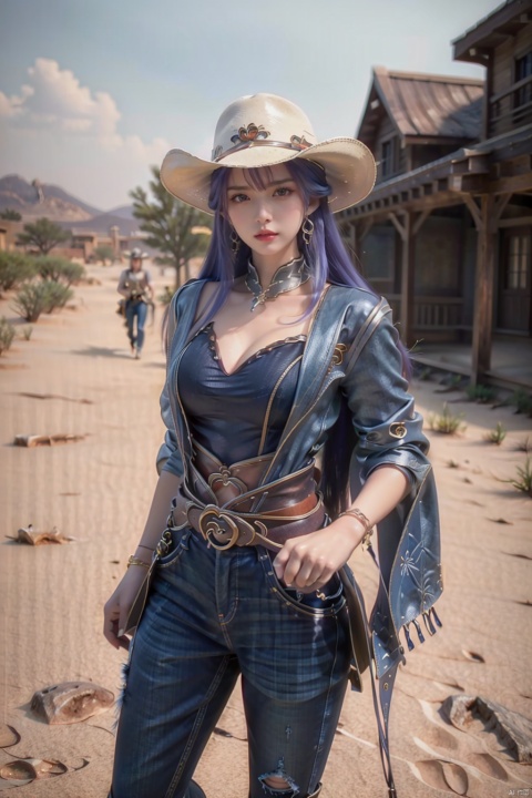 A girl, Big Boobs, belt, American Western architecture, Cowboy Hat, cowboy west, day, Denim, desert, dirty, hat, jacket, jeans, long hair, outdoors, pants, sky, solo, torn clothes, torn jeans, torn trousers, pistols at the waist, holsters,