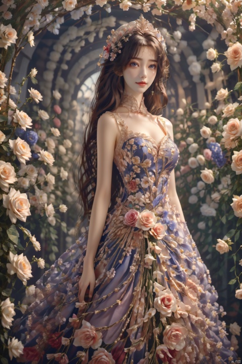  photography,(a holy and beautiful girl),,(pygal),(bustle),(ultimate elegance:1),headdress,happiness,smile,,Flower Tunnel,brilliant roses,(rim light),, (masterpiece), best quality, masterpiece, highres, original, extremely detailed wallpaper, perfect lighting,(extremely detailed CG）, long_hair, flower, sunyunzhu, yunxi
