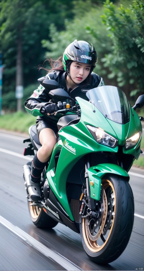  (Masterpiece, realistic, random quality),Korean girl,(driving a | Kawasaki motorcycle), raging, high speed, motion blur, relatively still, f/16, 1girl, takei film