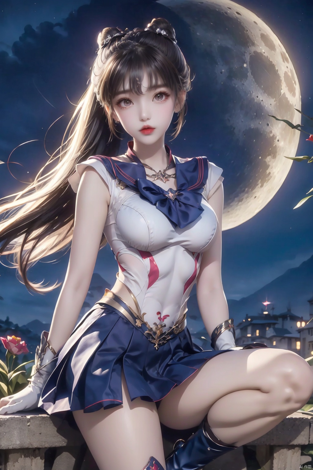  Top Quality, 1 girl, Sailor Moon, blonde hair, blue collar, boots, bow, castle, collar, city, crescent, Crescent, bun, earring, gloves, facial markings, flowers, full moon, gloves, jewelry, boots, layered skirt, lilies, lipstick, long hair, magic girl, cosmetics, Moon, night, Sailor Collar, Sailor Moon, sailor uniform, skirt, sky, solo, Star, Sky, Moon, pigtail, white shoes, white gloves, close up