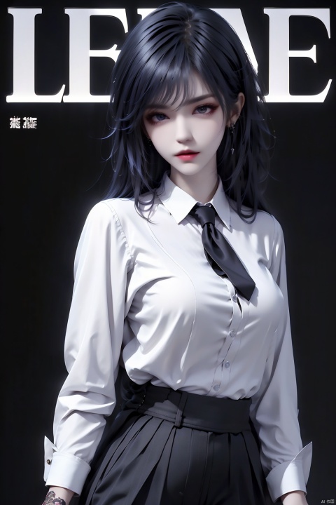  magazine, (cover-style:1.1), fashionable, vibrant, outfit, posing, front, colorful, solo, looking at viewer, shirt,((1girl)),white shirt,necktie, collared shirt, pants, black pants, formal, suit, black necktie, watch, black suit,Visual impact,A shot with tension,(upper body:1.0),cold attitude, Ear stud,tattoo,
, xiaowu