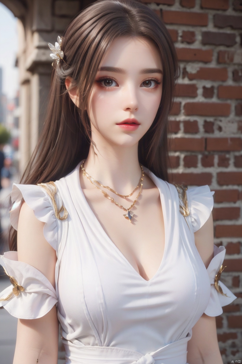 1girl, 3d, blurry, blurry_background, breasts, brick_wall, brown_eyes, brown_hair, building, city, depth_of_field, dress, jewelry, lips, long_hair, looking_at_viewer, necklace, photo_\(medium\), photo_background, photorealistic, realistic, solo, standing, wall, white_dress